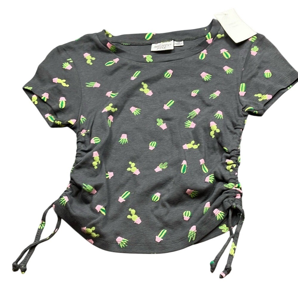 Mighty Fine Women's Black Tee with Cactus Print Runched sides Size XS NWT